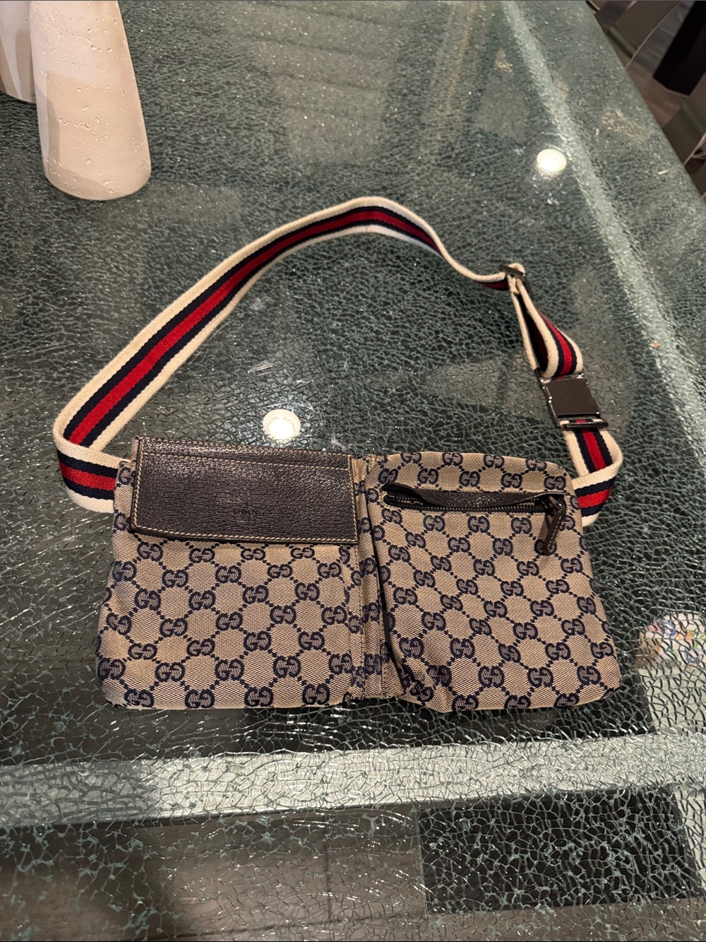 Gucci Beige/Tan GG Canvas Belt Bag with Striped Webbing Strap